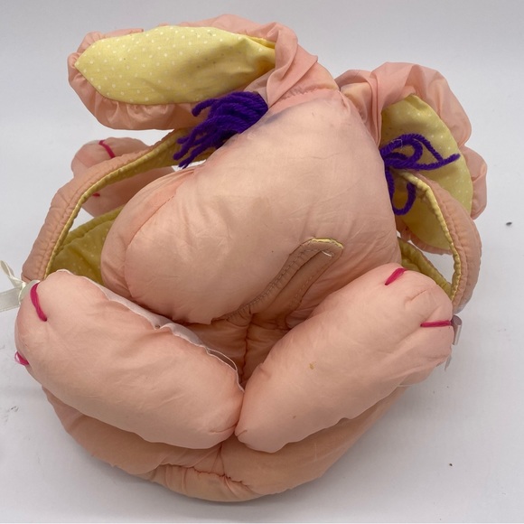Vintage Pink Yellow Nylon Parachute Plush Bunny Easter Basket Puffalump Style - Picture 7 of 14